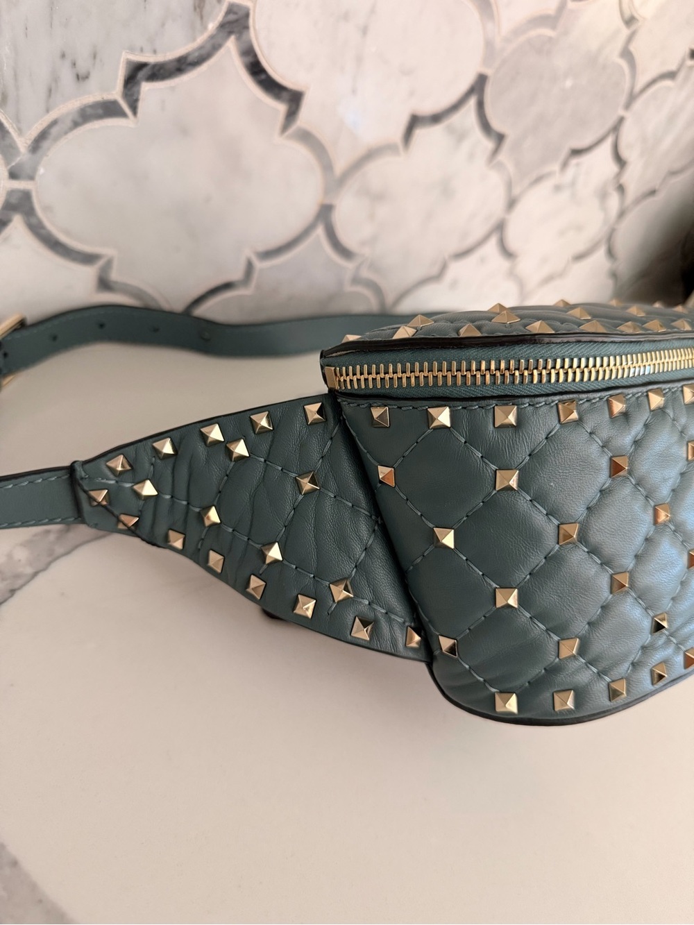 Valentino Garavani Quilted Teal Leather Rockstud Belt Bag - Picture 5 of 7